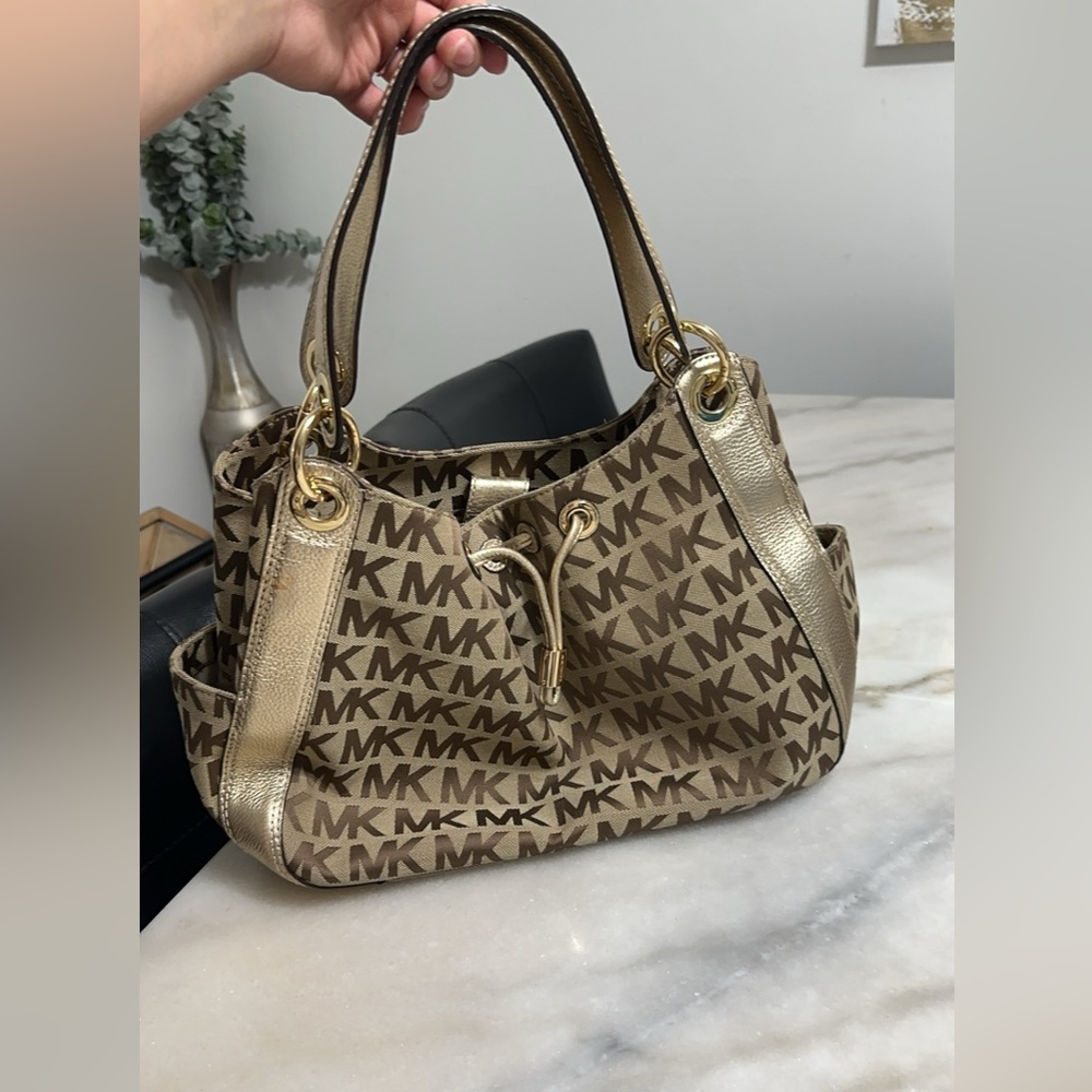 Michael Kors gold and brown satchel tote handbag